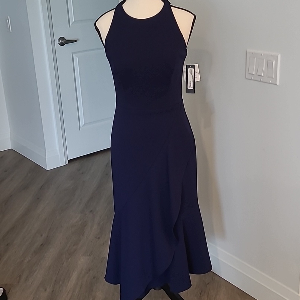 Betsy & Adam Size 2 Navy Blue Sleeveless Halter Ruffled Crepe Midi Dress